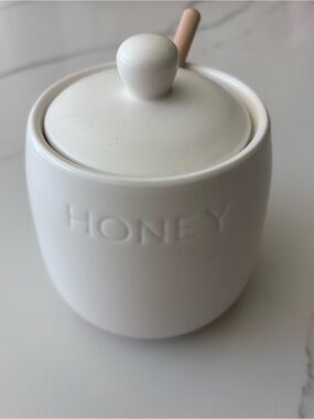 Brand new Bushwick Kitchen white ceramic honey jar with wooden dipper
